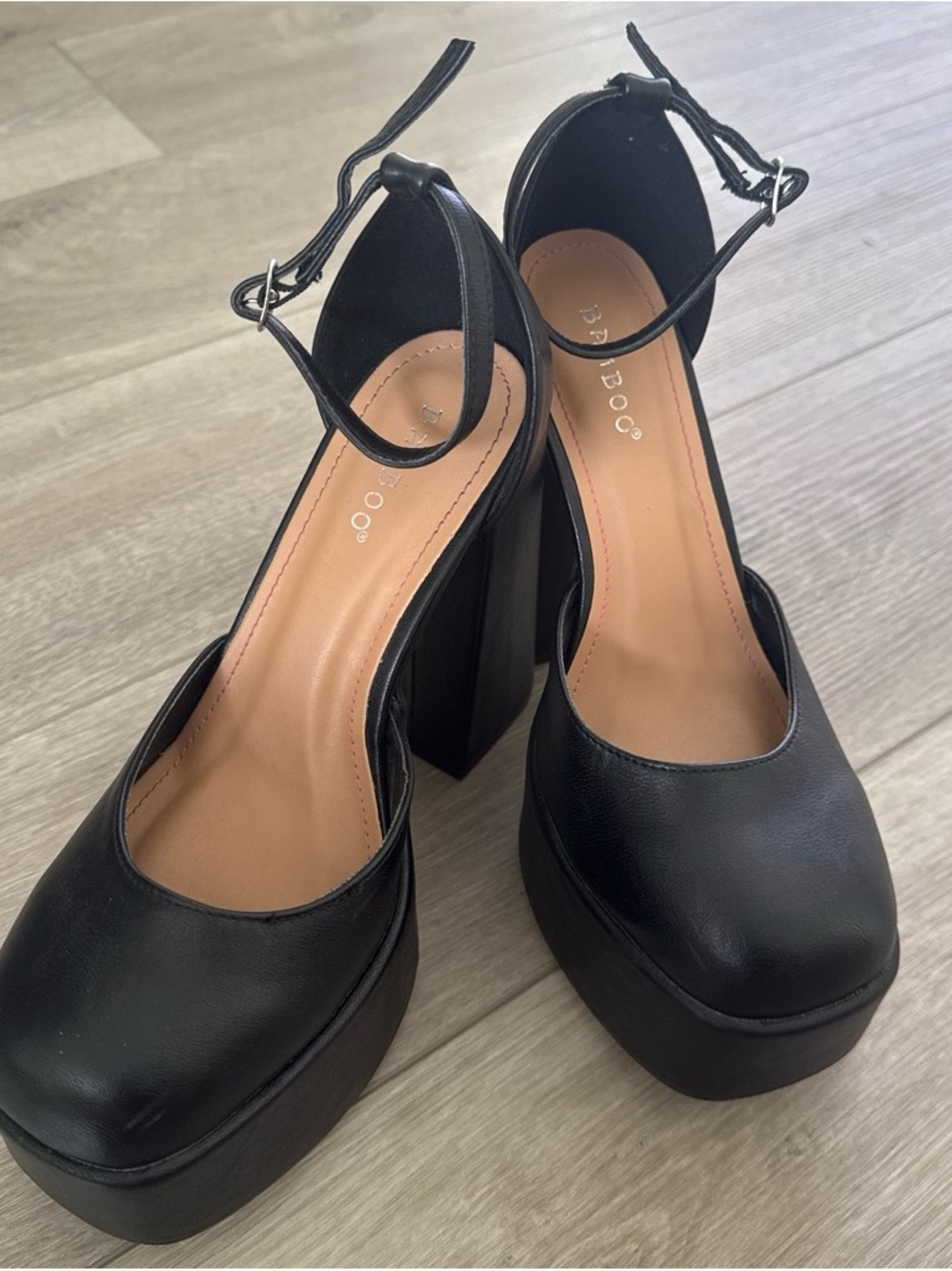BAMBOO Black Platform Block Heel Ankle Strap Pumps